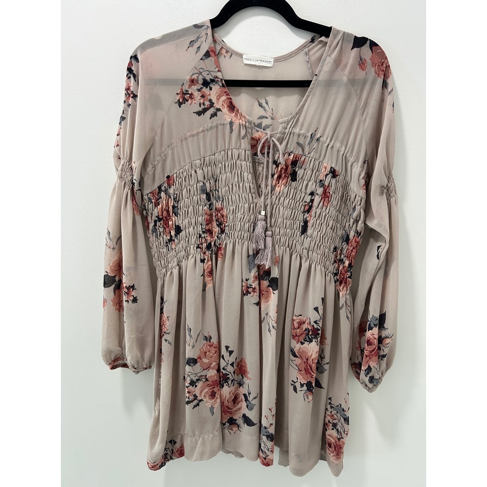 Coco + Jaimeson Floral Smocked Mini Dress Tunic Taupe Boho Tassel Tie L/S L